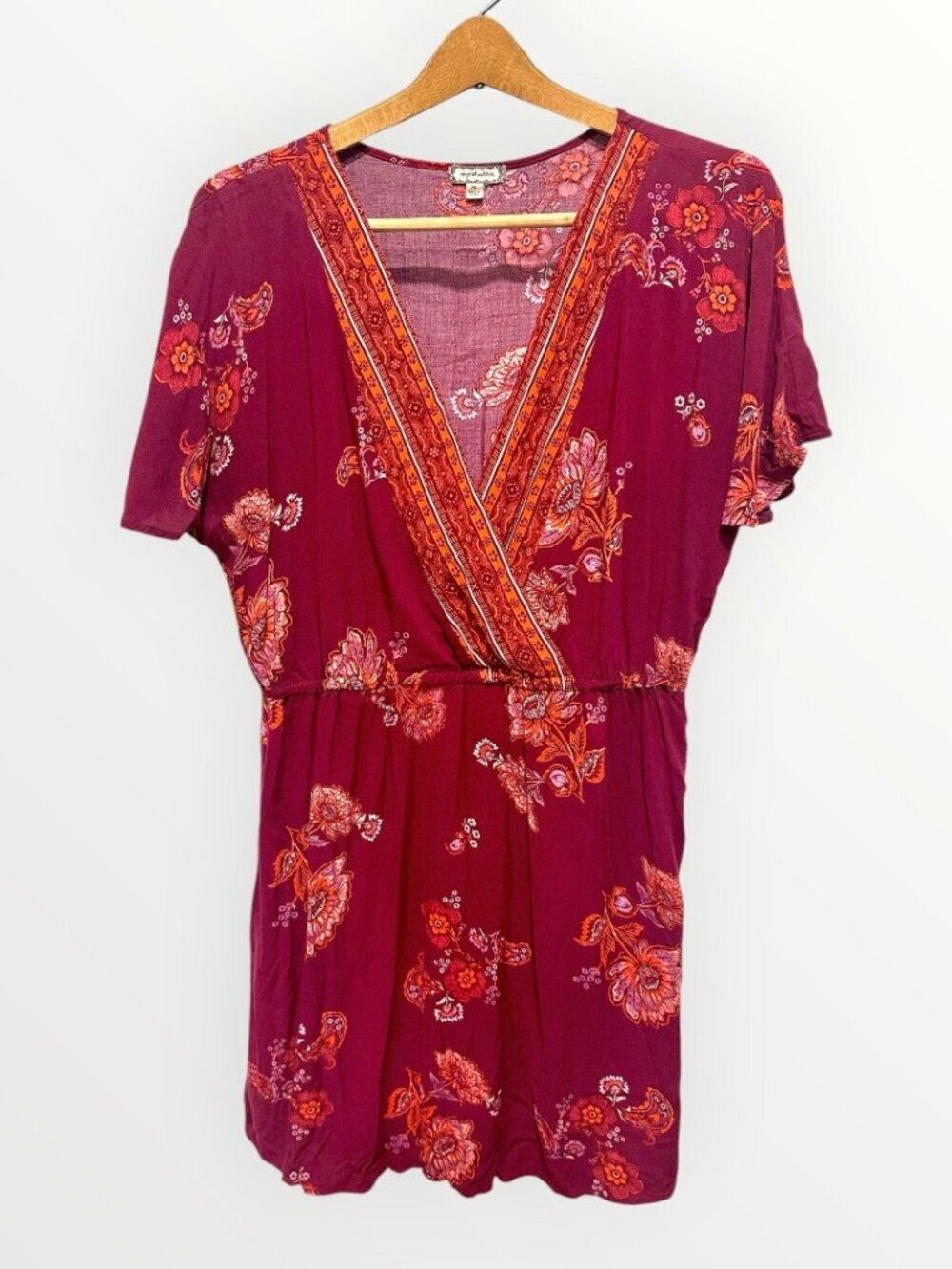 Eyeshadow Womens Faux Wrap Mini Sundress Short Sleeve V-Neck Floral Red Size XL